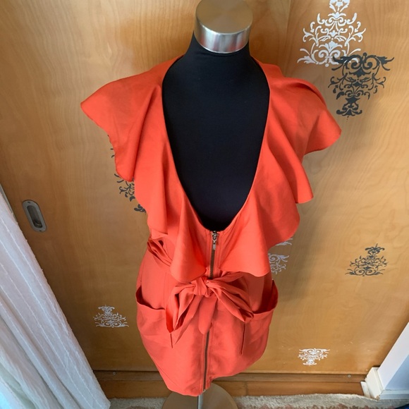Vintage Y2K 2000s Bebe Coral Orange Ruffle Sleeve Zip-Up Mini Dress Tie Belt S/M - Picture 15 of 15